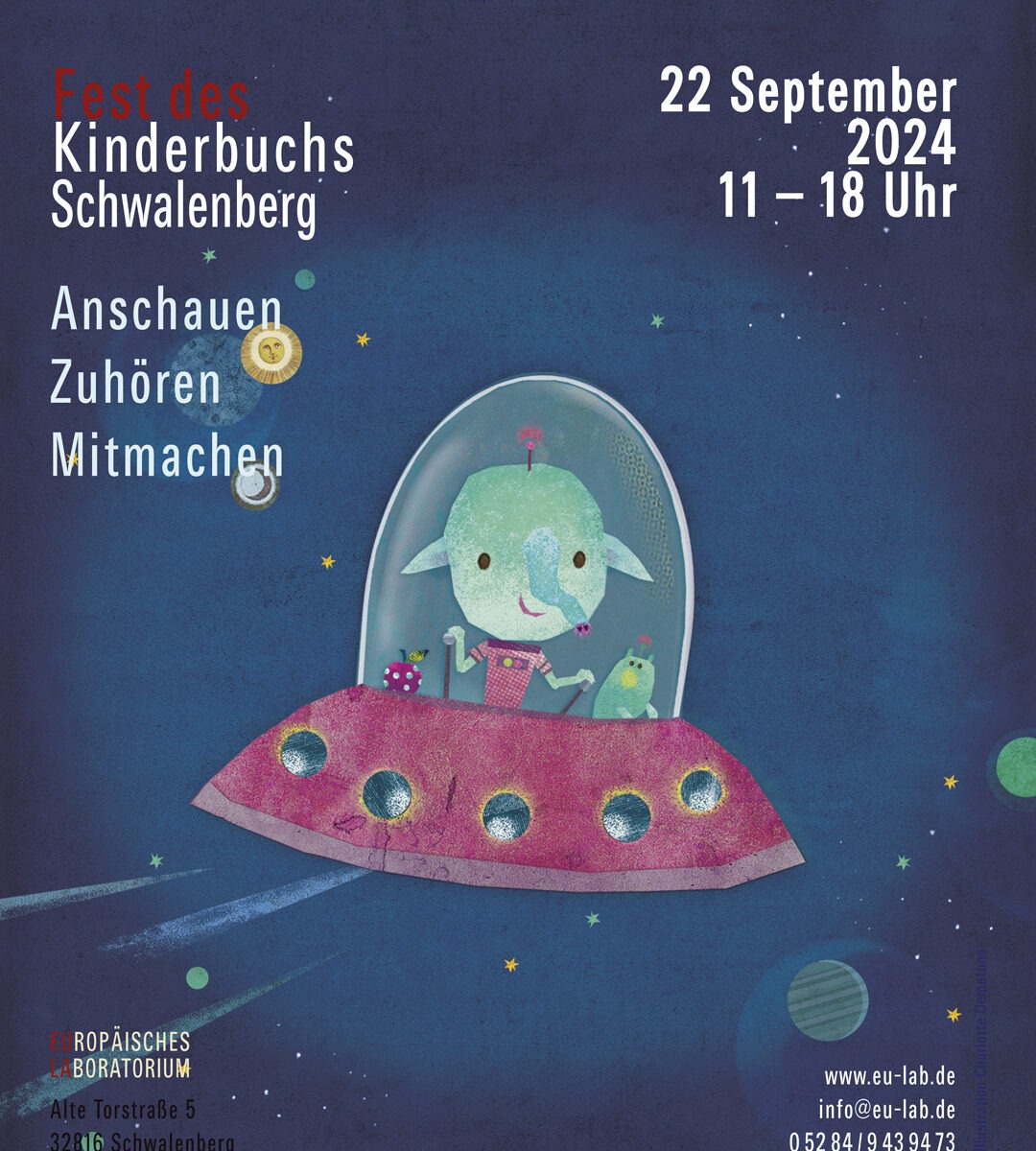 Pinocchinello Fest de Kinderbuchs in Schwalenberg. Plakat mit gezeichnetem Kind in einem UFO